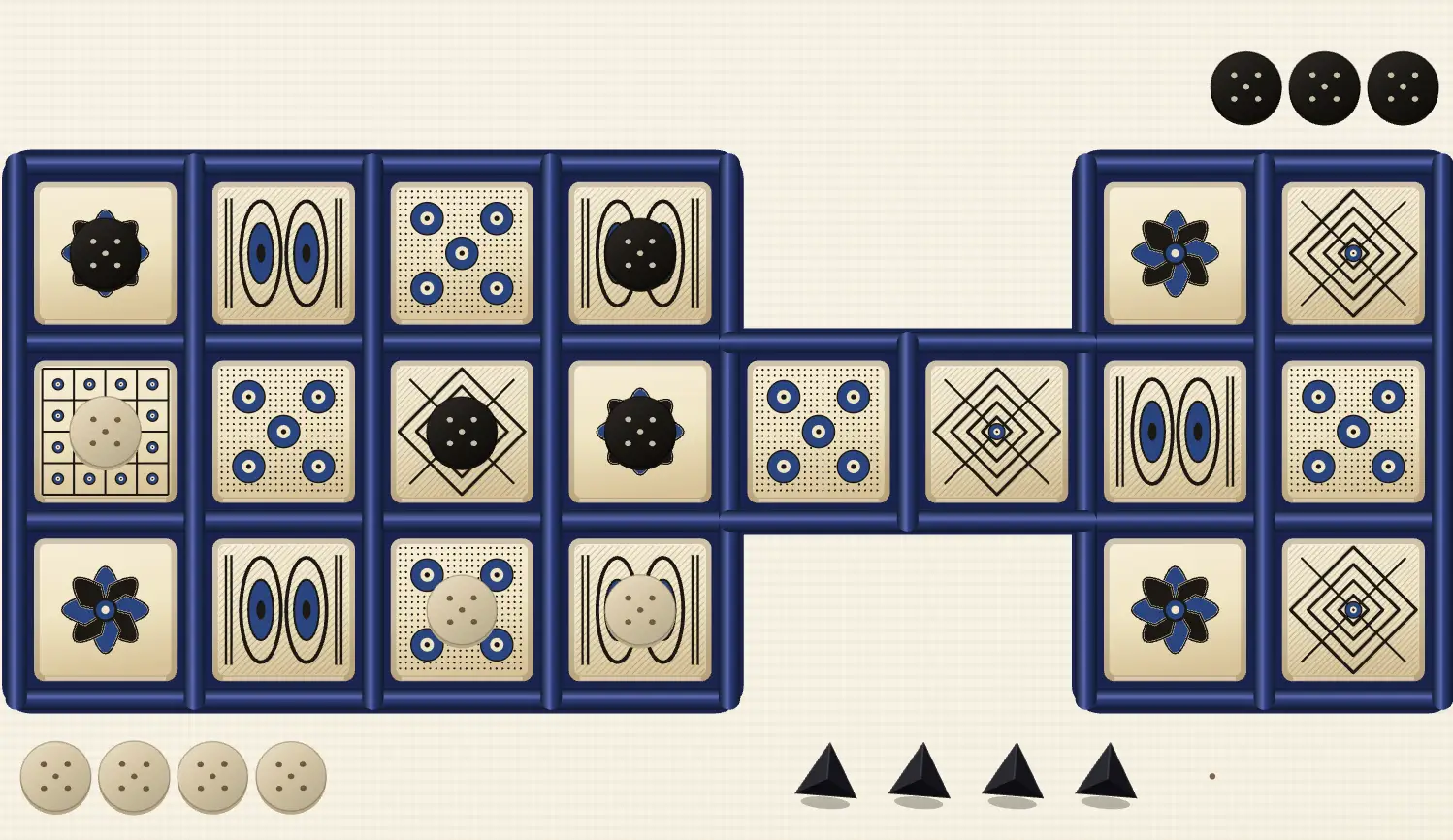 The real Royal Game of Ur board used on this site, labeled with the left private side, the shared alley, the safe center rosette, and the right private side