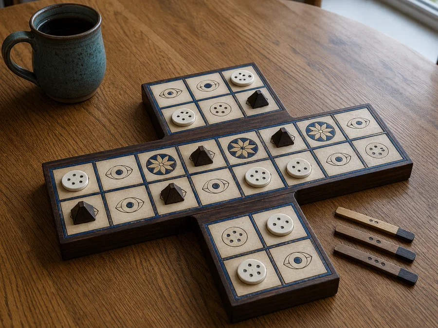 Royal Game of Ur board with private tracks, a shared middle alley, and rosette squares