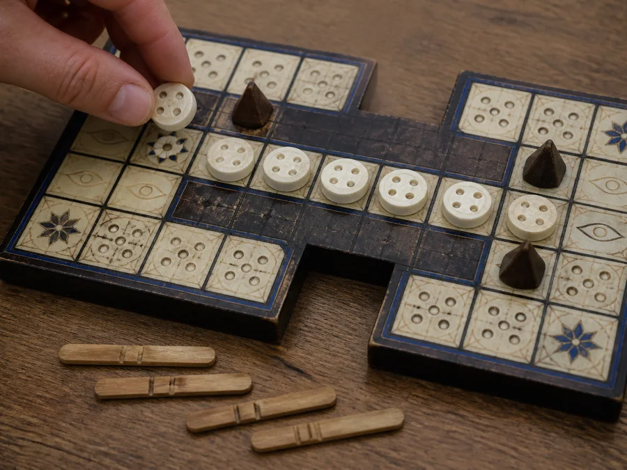 Royal Game of Ur AI game with strength settings, hints, undo, and replay