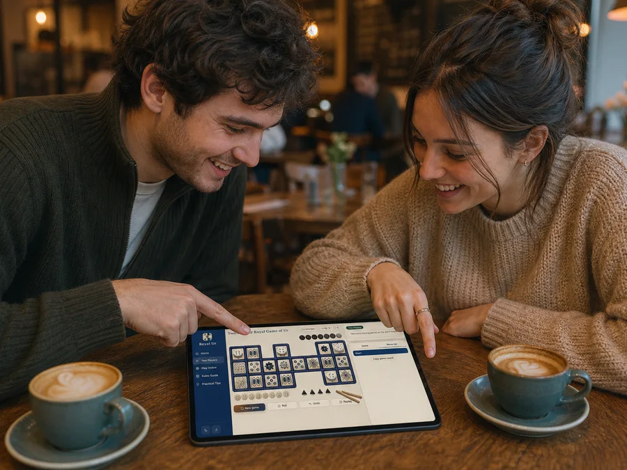 Two people playing the Royal Game of Ur together on one tablet