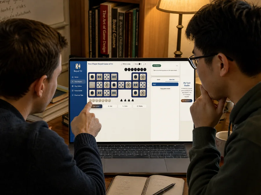 Two players learning reconstructed Royal Game of Ur rules on one device